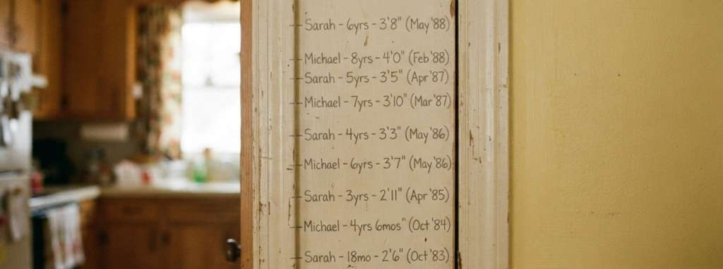 Wooden doorframe marked in pencil with children's names, ages, heights, and dates